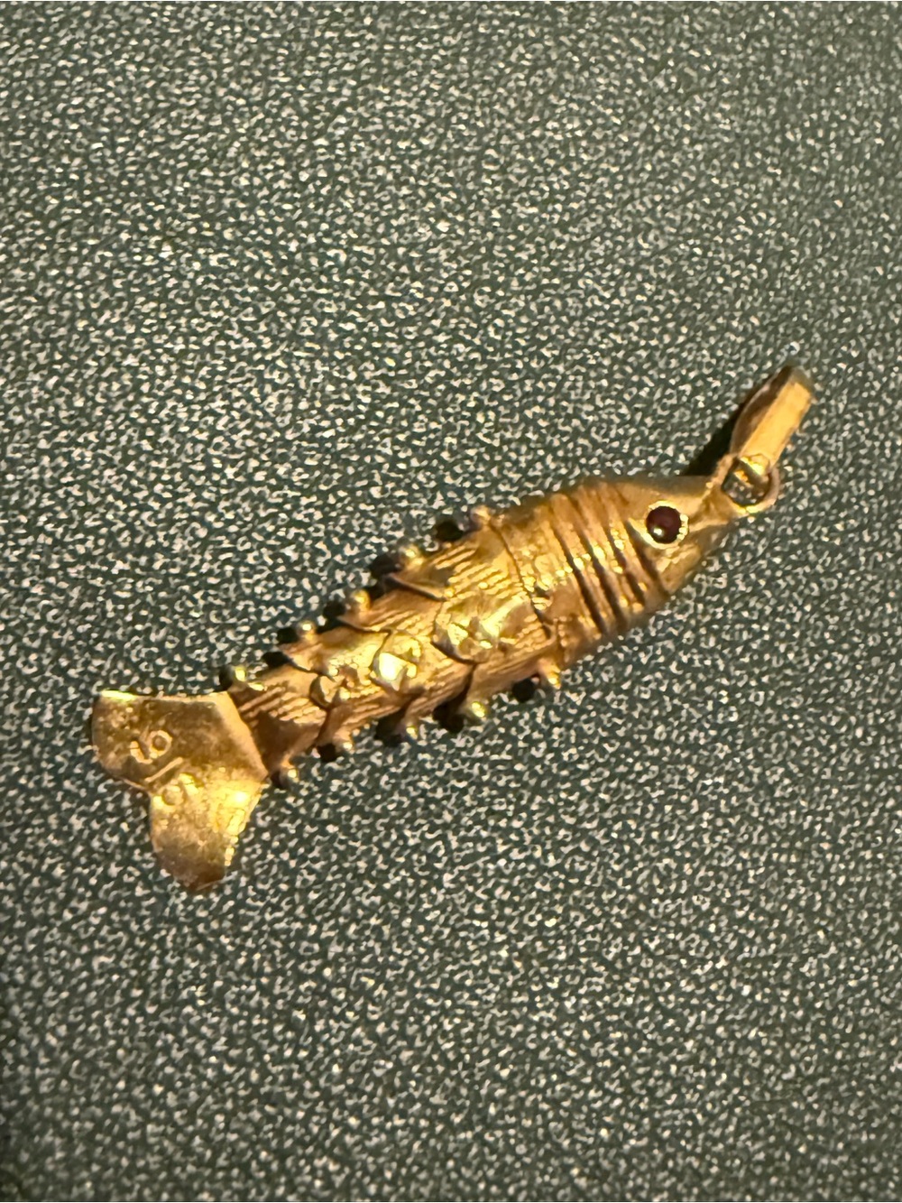 22kt Gold Articulated Vintage Fish Pendant with Ruby Eye Accent Estate Jewelry